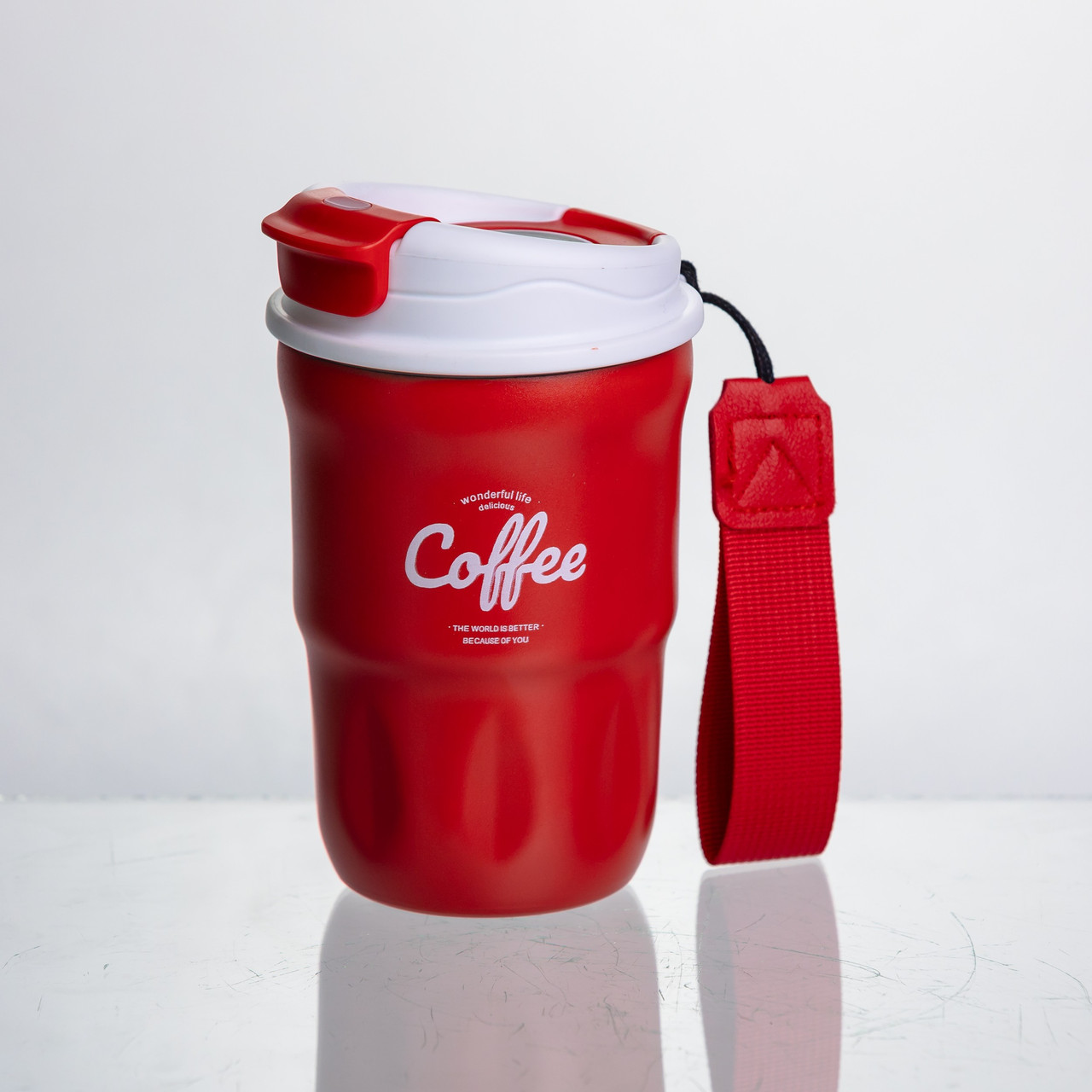 Термочашка «Coffee» 400 мл з ремінцем та відкидною кришкою-клапаном, червоний Yiwu HP-GM-18