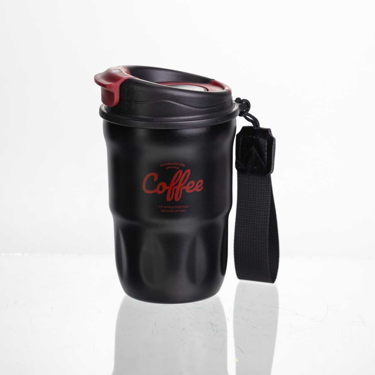 Термочашка «Coffee» 400 мл з ремінцем та відкидною кришкою-клапаном, чорний Yiwu HP-GM-17
