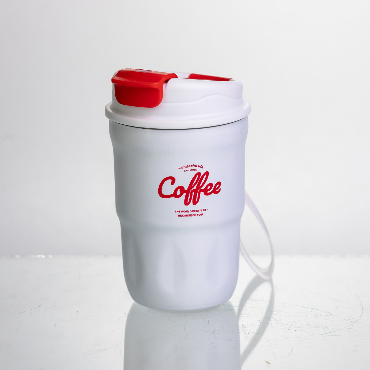 Термочашка «Coffee» 400 мл з ремінцем та відкидною кришкою-клапаном, білий Yiwu HP-GM-19