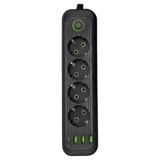 Мережевий фільтр-подовжувач 4 розетки 3xUSB-A 1xUSB-C 3м чорний HP-5-38M