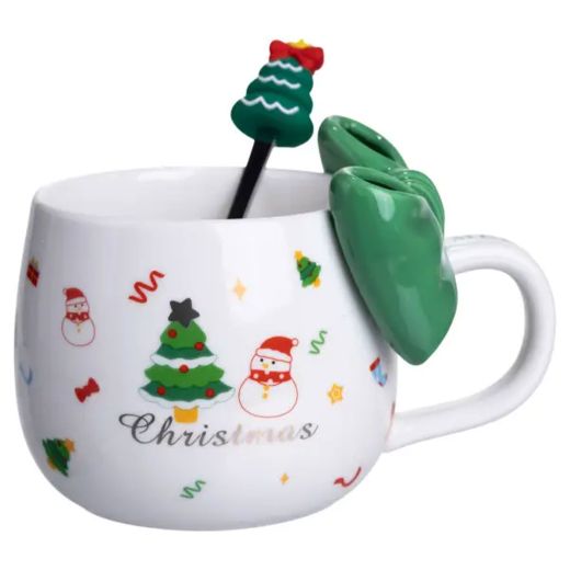 Новорічна порцелянова чашка з ложкою Merry Christmas 400 (мл) Зелений Yiwu FM-CS-19B