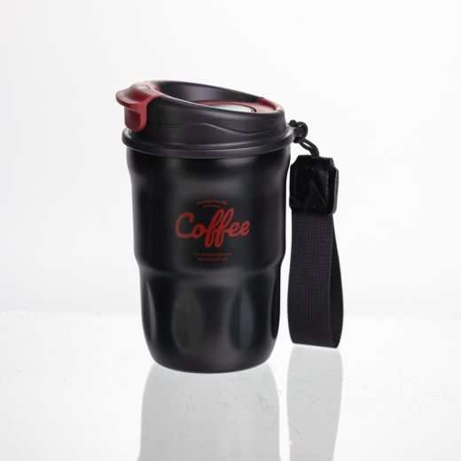 Термочашка «Coffee» 400 мл з ремінцем та відкидною кришкою-клапаном, чорний Yiwu HP-GM-17
