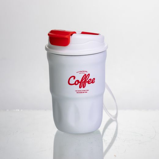 Термочашка «Coffee» 400 мл з ремінцем та відкидною кришкою-клапаном, білий Yiwu HP-GM-19